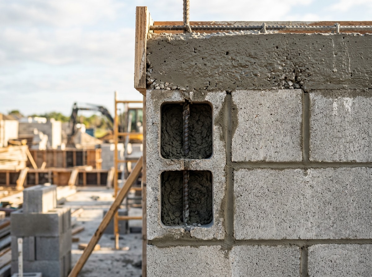 Reinforced concrete block wall under construction with grouted cells and a poured concrete tie beam