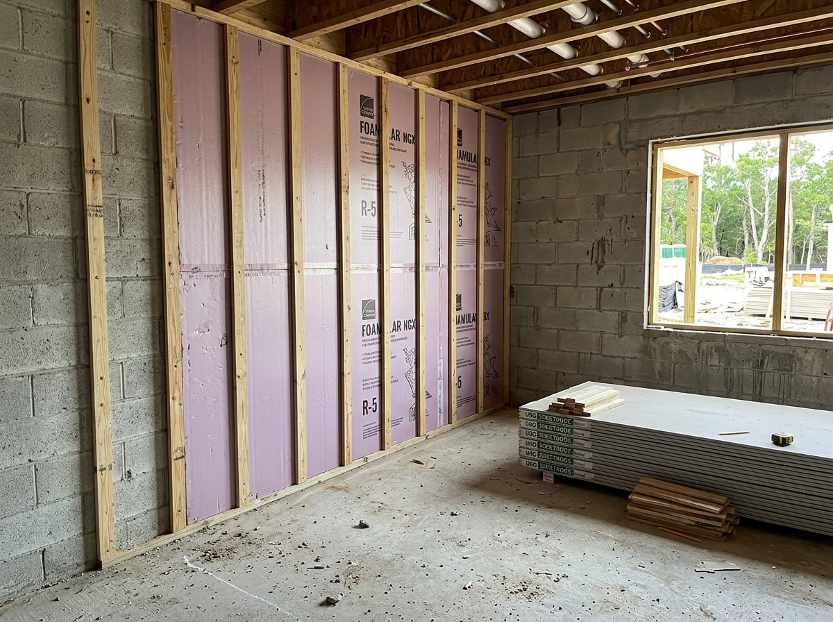 Interior of a concrete block wall with furring strips and rigid foam insulation board installed