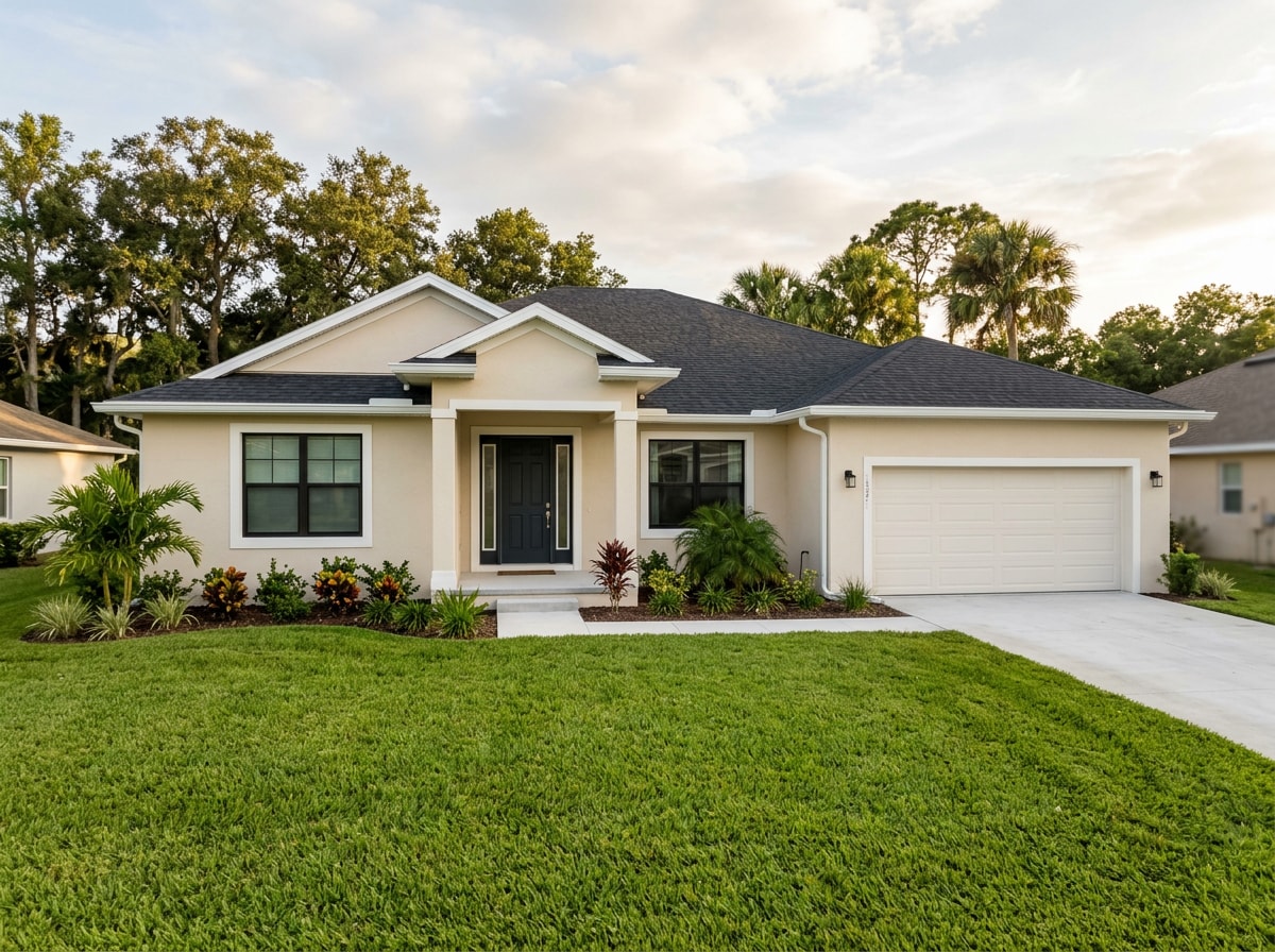 Finished stucco-coated concrete block home exterior with clean corners and trim details