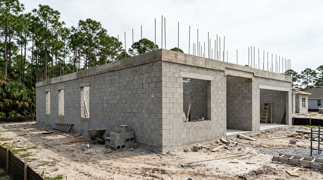 Concrete masonry unit home shell under construction in Milton, FL with block walls and concrete tie beam