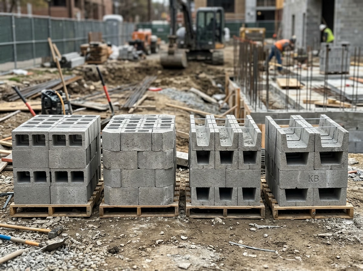 Pallets of stretcher, corner, bond beam and lintel concrete masonry units staged on a Florida jobsite