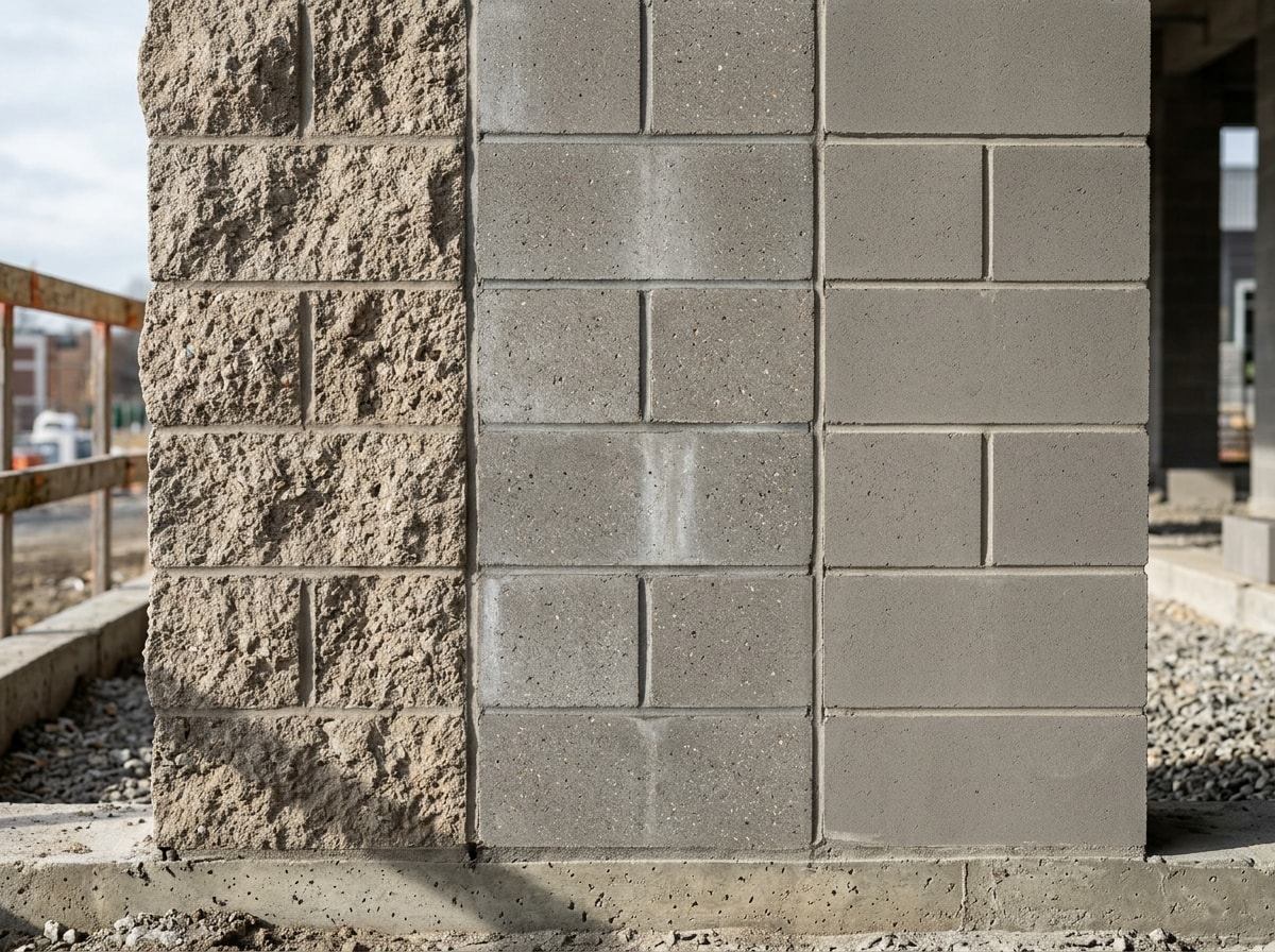 Split face, ground face and smooth precision concrete block finishes side by side on a finished wall