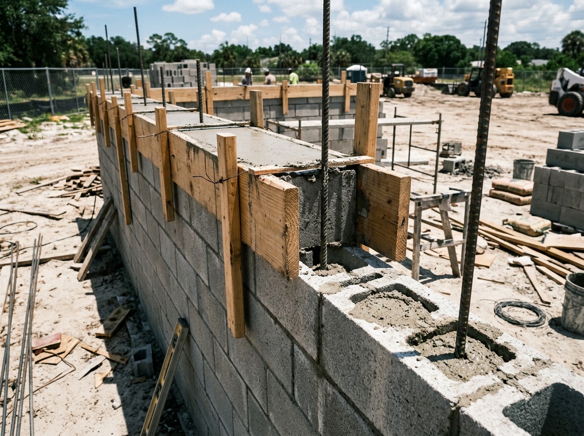 Reinforced block wall with vertical rebar in filled cells and a poured tie beam on a Navarre lot