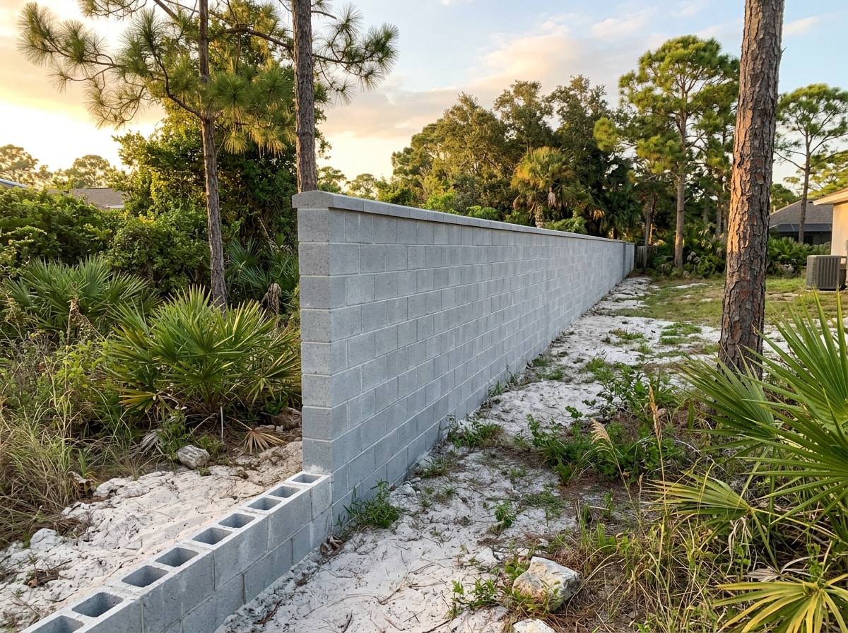 Finished gray block privacy wall and stem wall foundation on a coastal Florida lot
