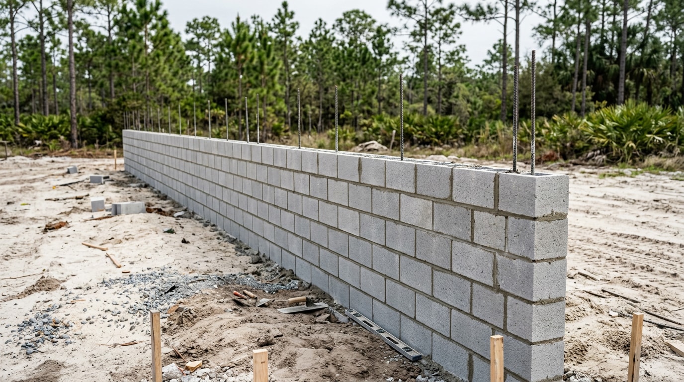 Reinforced gray CMU block wall under construction on a Navarre, FL residential lot