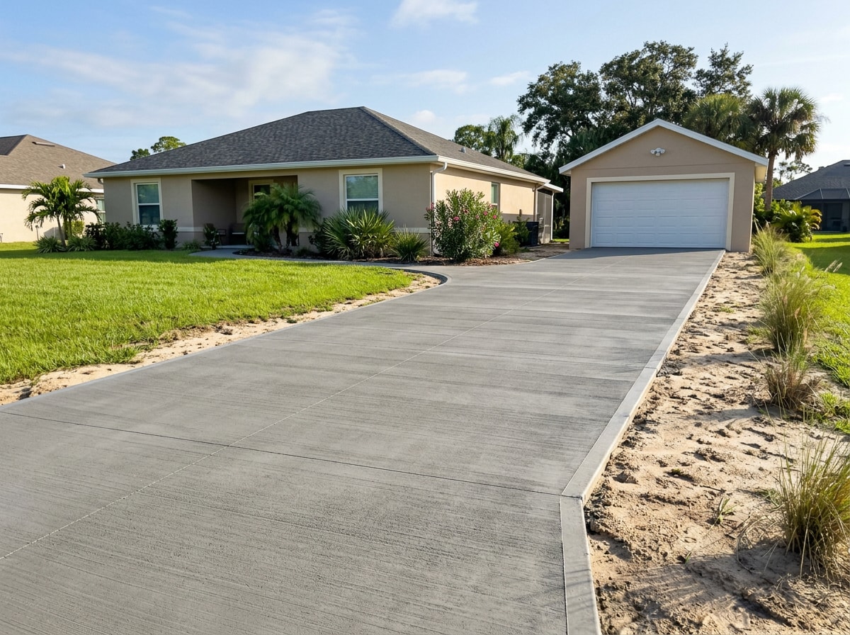 Freshly finished broom-swept concrete driveway at a Pensacola, FL home
