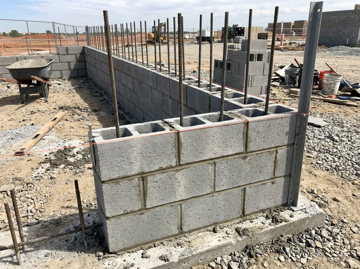 CMU block wall under construction showing vertical rebar in open cells before grouting