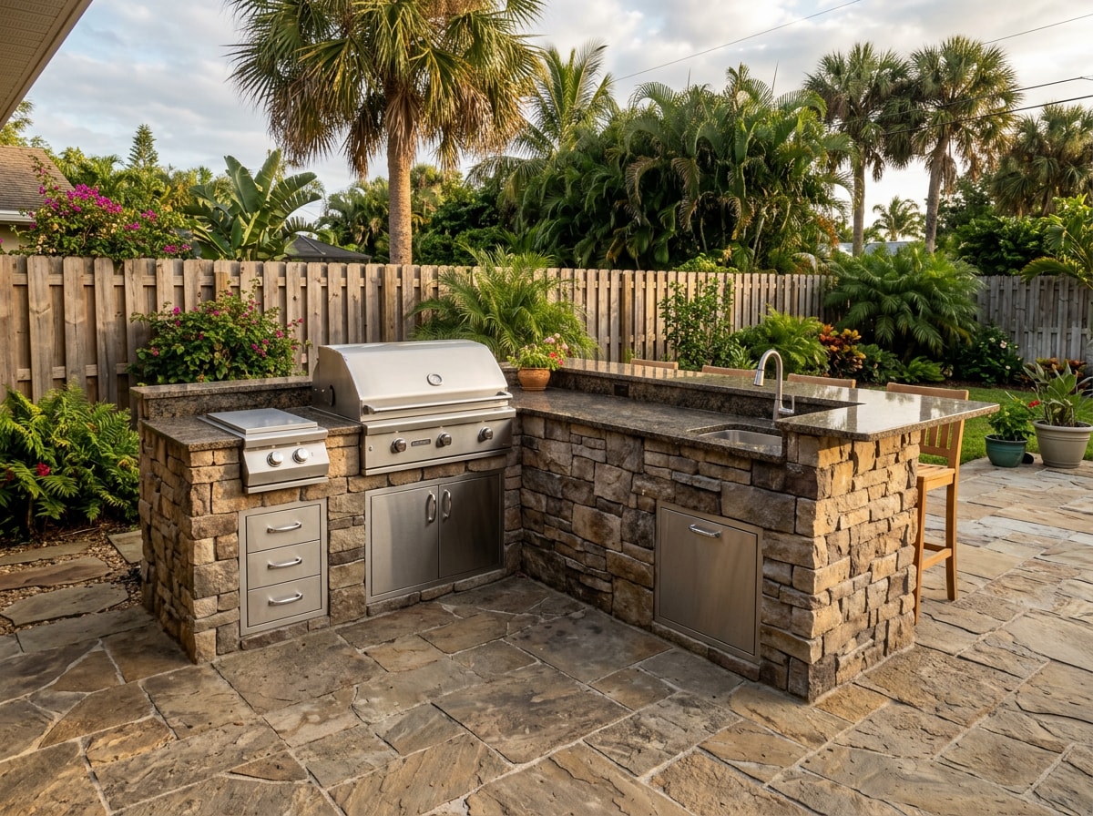Natural stone veneer outdoor kitchen and stone patio hardscape in Gulf Breeze, FL