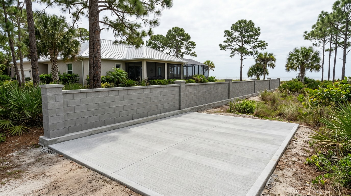 Finished concrete driveway and concrete block wall at a Pensacola, FL property