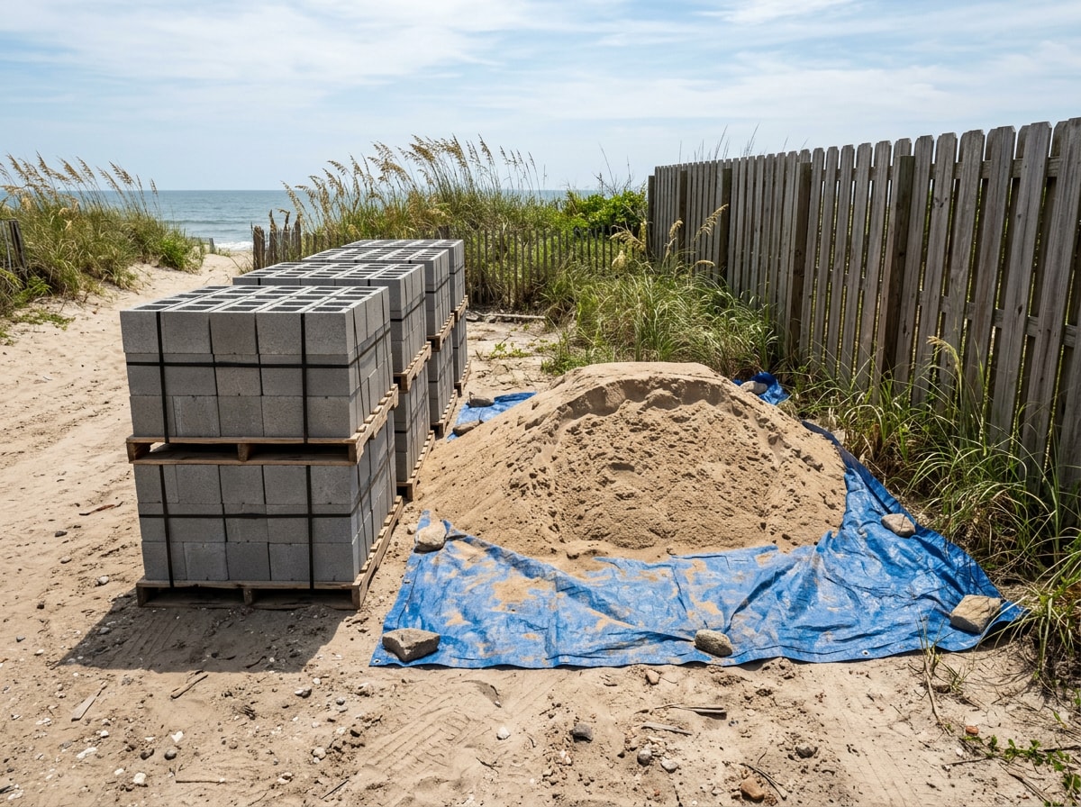 Pallets of concrete block and a bulk sand pile staged on a Pensacola Beach jobsite