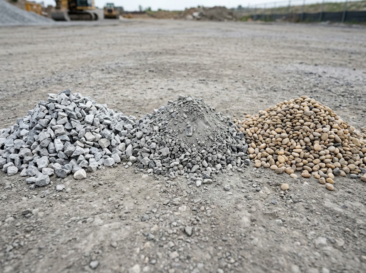 Side by side piles of number 57 crushed stone, crusher run road base and rounded pea gravel