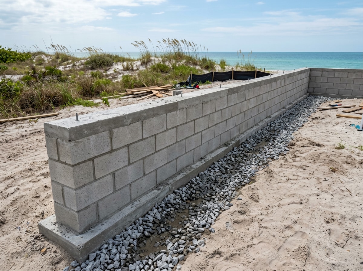 Reinforced concrete block stem wall with filled cells on a sandy coastal lot