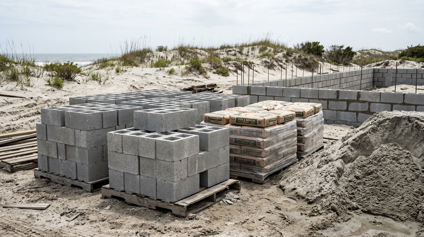 Pallets of concrete block, mortar bags and bulk sand staged on a Pensacola Beach construction site