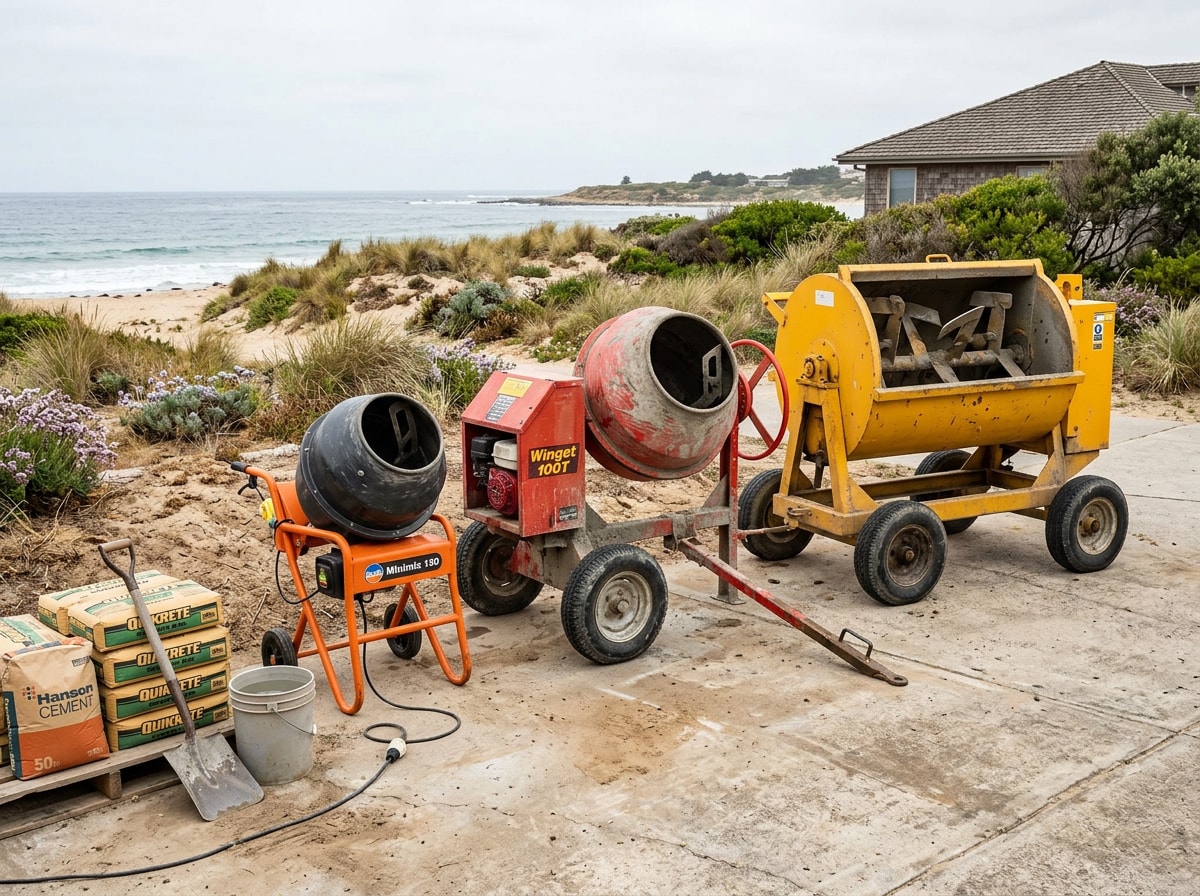 Towable concrete mixer and mortar mixer staged on a coastal jobsite