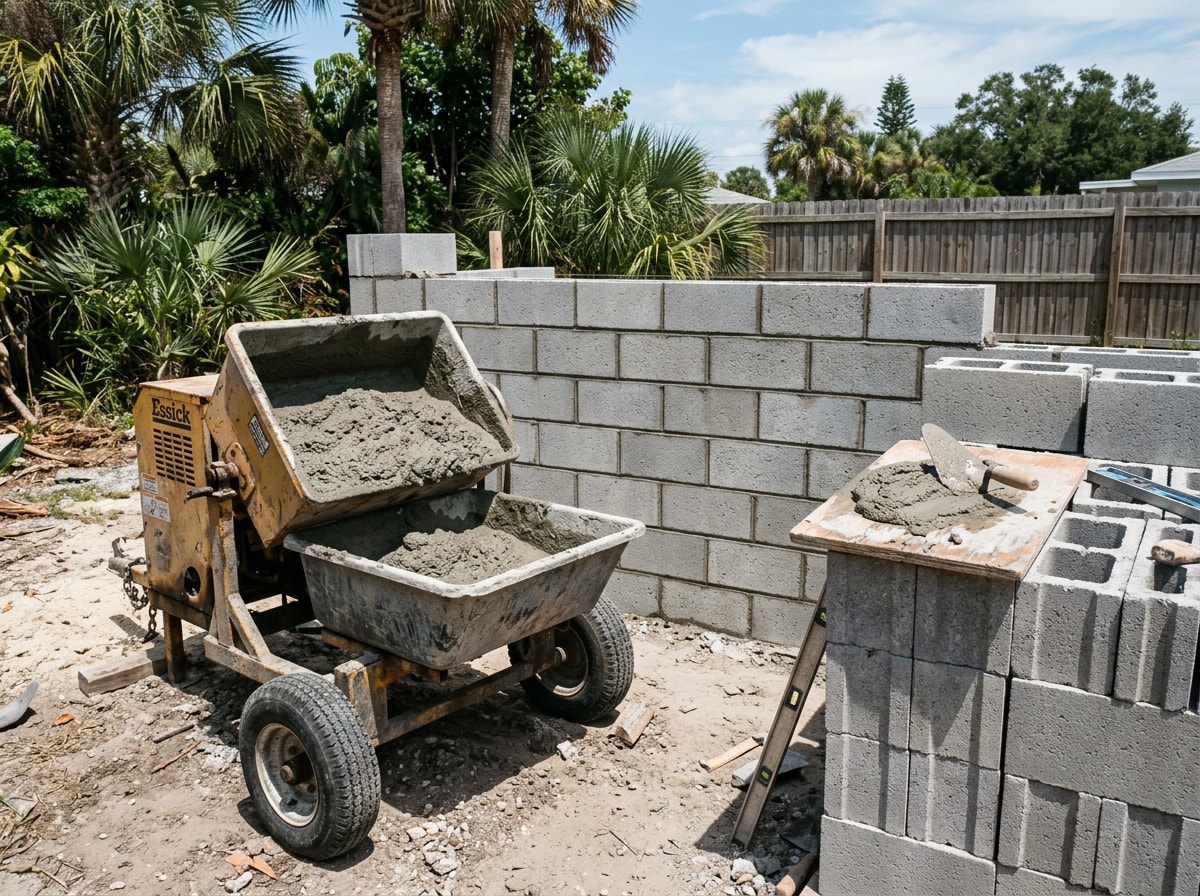 Paddle-style mortar mixer beside a freshly laid concrete block wall