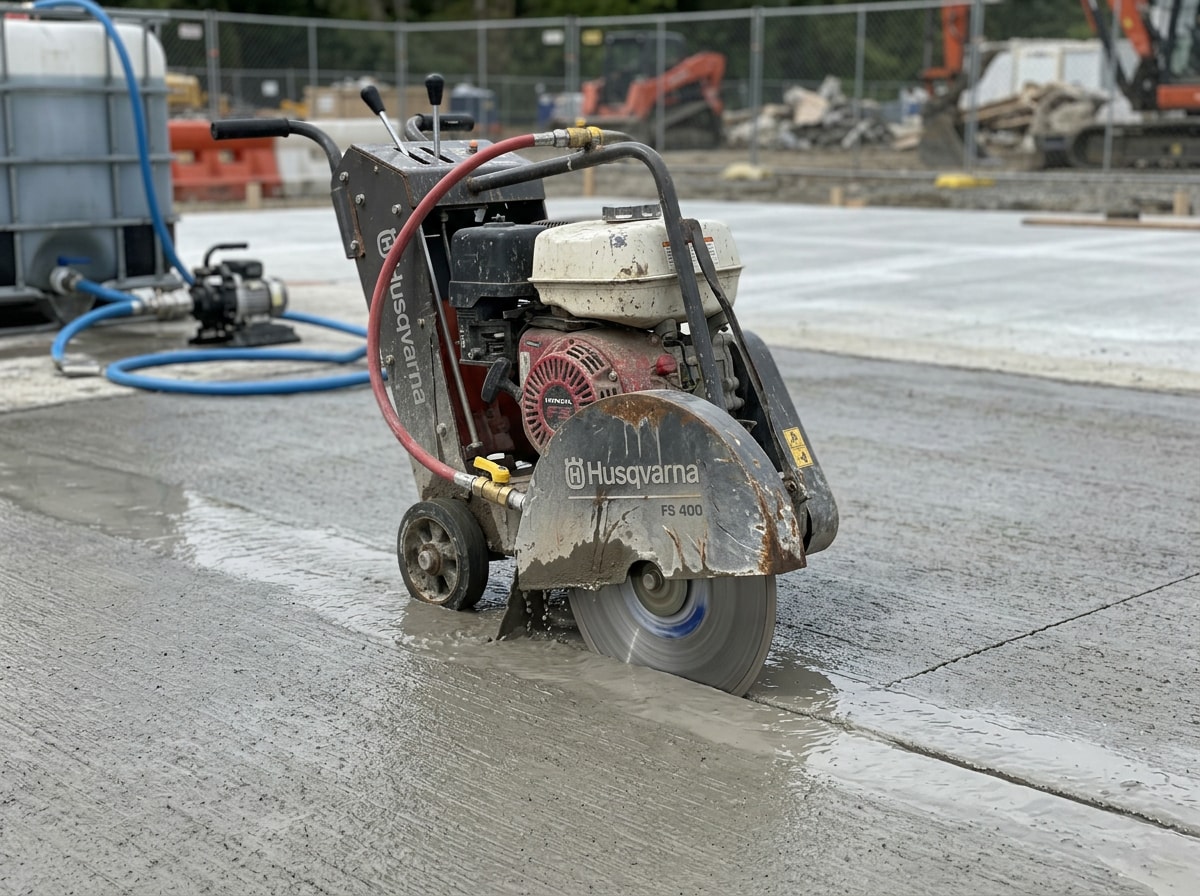 Walk-behind concrete saw cutting a control joint in a new slab