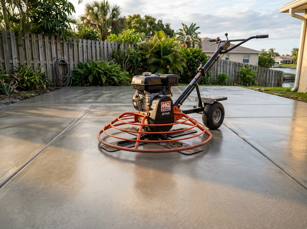 Power trowel finishing a fresh concrete slab