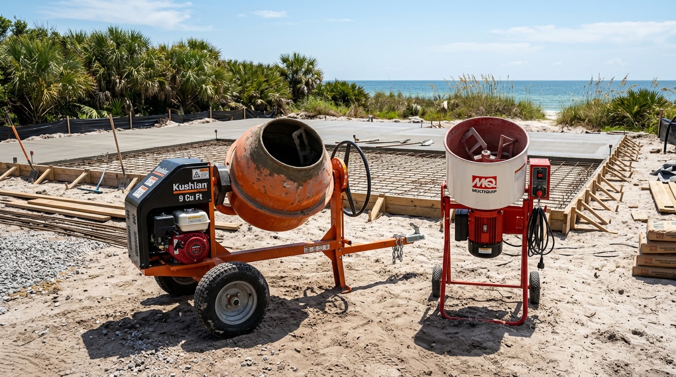 Towable concrete mixer and mortar mixer staged on a Pensacola Beach jobsite