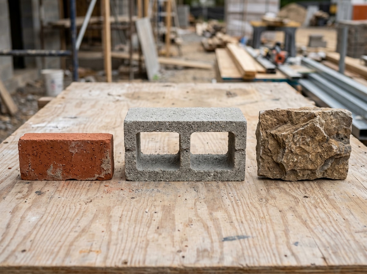 Clay brick, gray concrete block CMU, and natural stone veneer samples lined up side by side on a job site