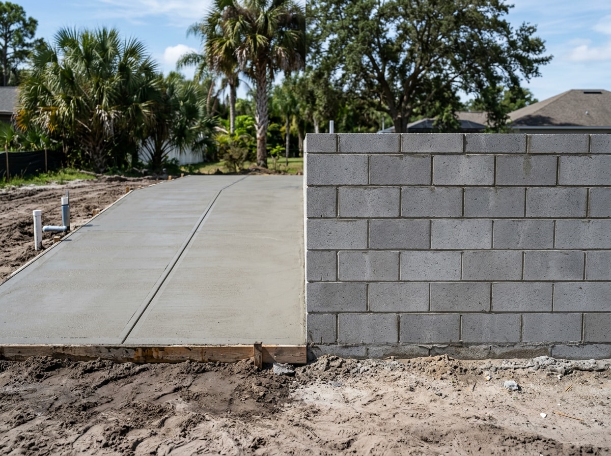 Freshly poured and troweled concrete slab next to a mortared gray block wall on a residential lot