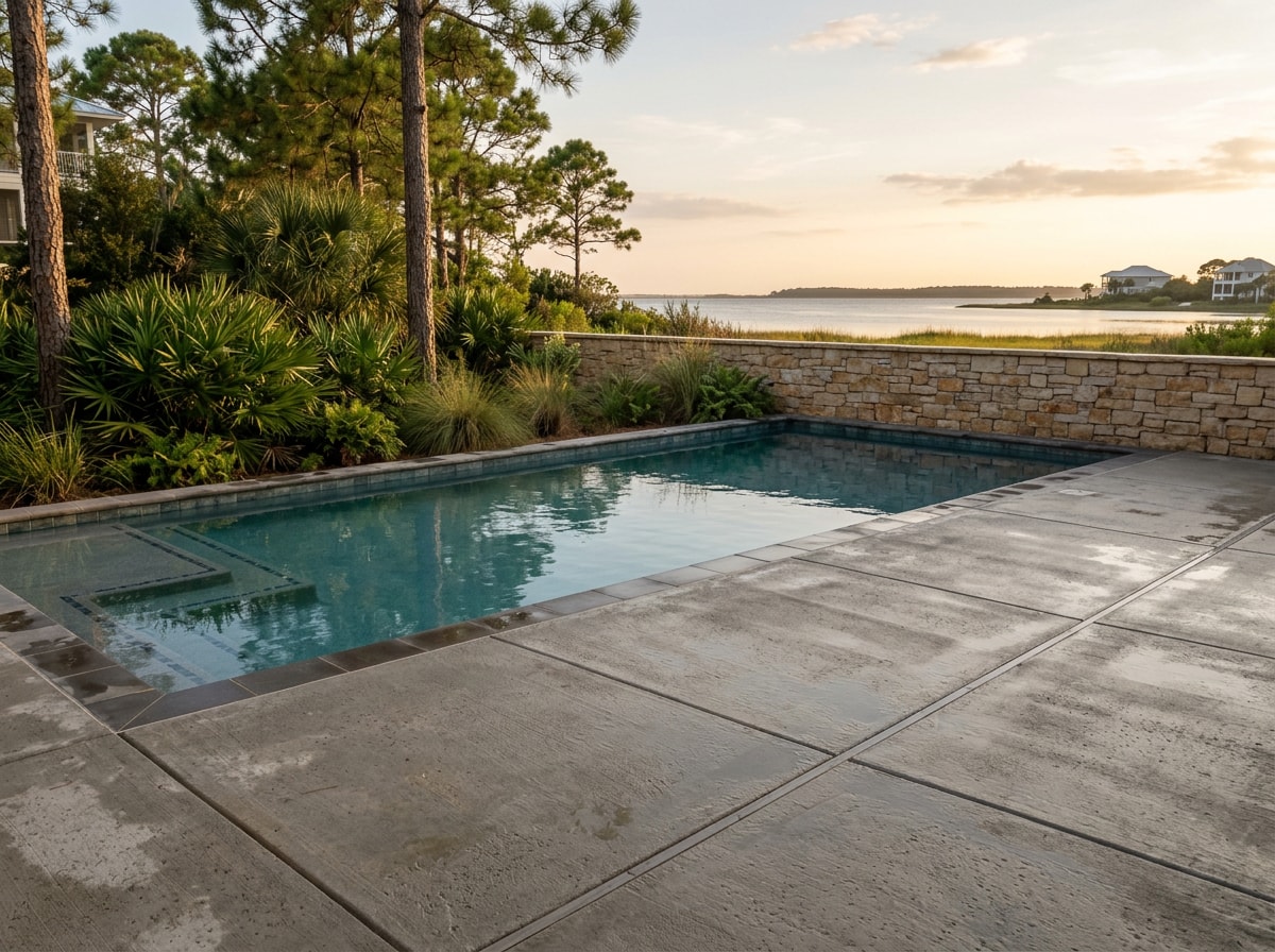 Gulf Breeze backyard with a broom-finished concrete pool deck and a stone veneer masonry wall along the property line
