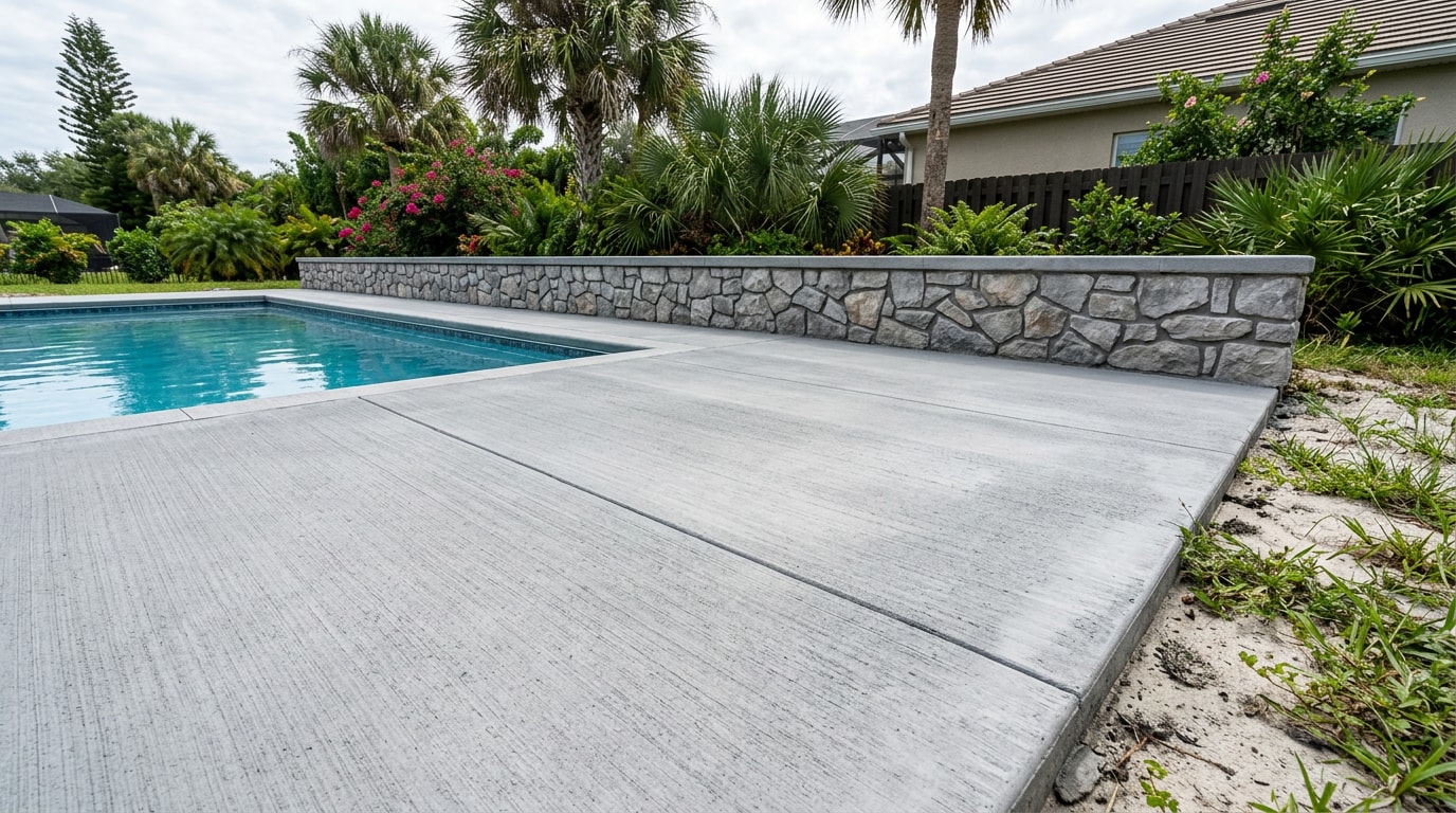 Poured concrete pool deck meeting a stone veneer masonry wall at a Gulf Breeze, FL home Poured concrete pool deck meeting a stone veneer masonry wall at a Gulf Breeze, FL home