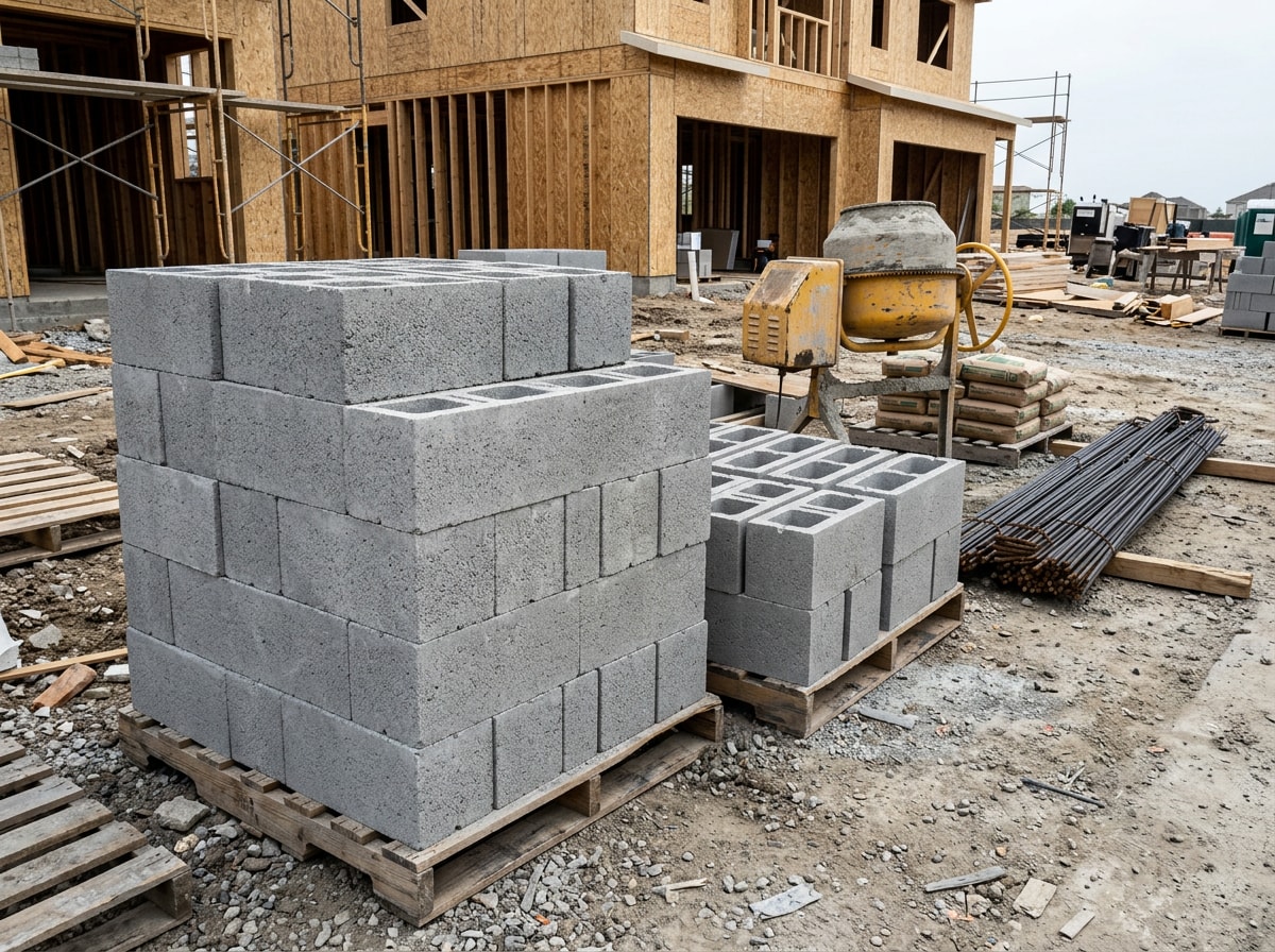 Stacked gray concrete masonry units and bond beam blocks staged on a Milton, FL job site