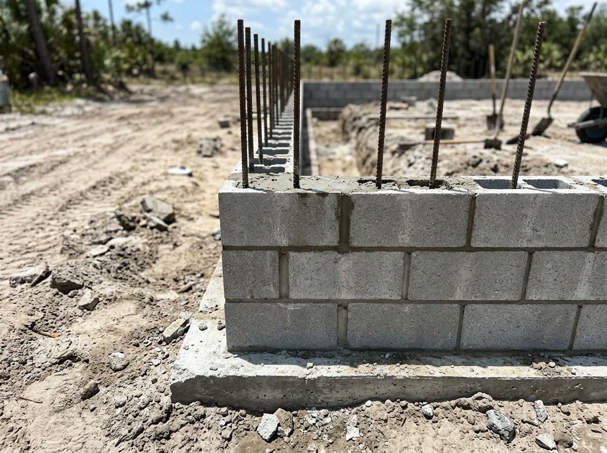 Reinforced block stem wall with vertical rebar and grouted cells at a Santa Rosa County job site