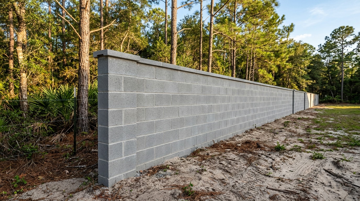 Finished reinforced concrete mason block privacy wall on a residential lot in Milton, FL Finished reinforced concrete mason block privacy wall on a residential lot in Milton, FL