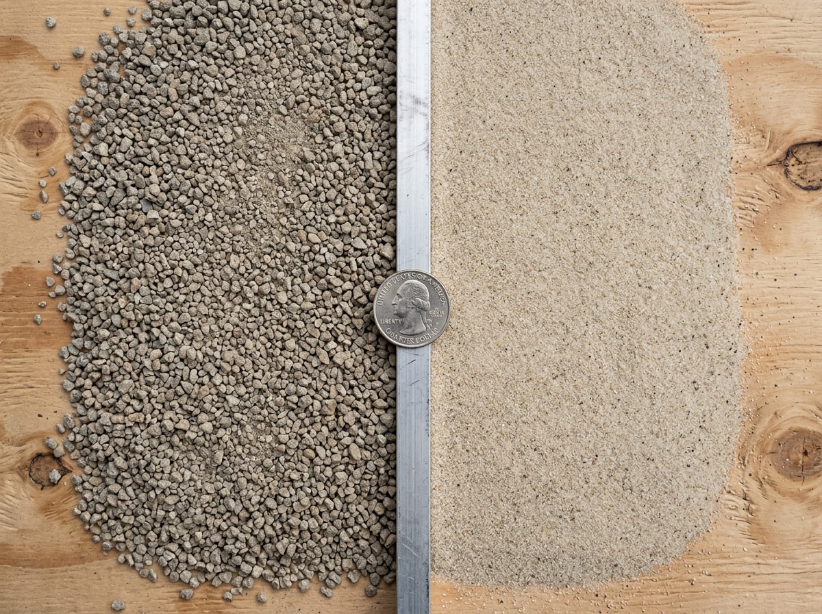 Side by side macro comparison of coarse concrete sand and fine masonry sand with a coin for scale