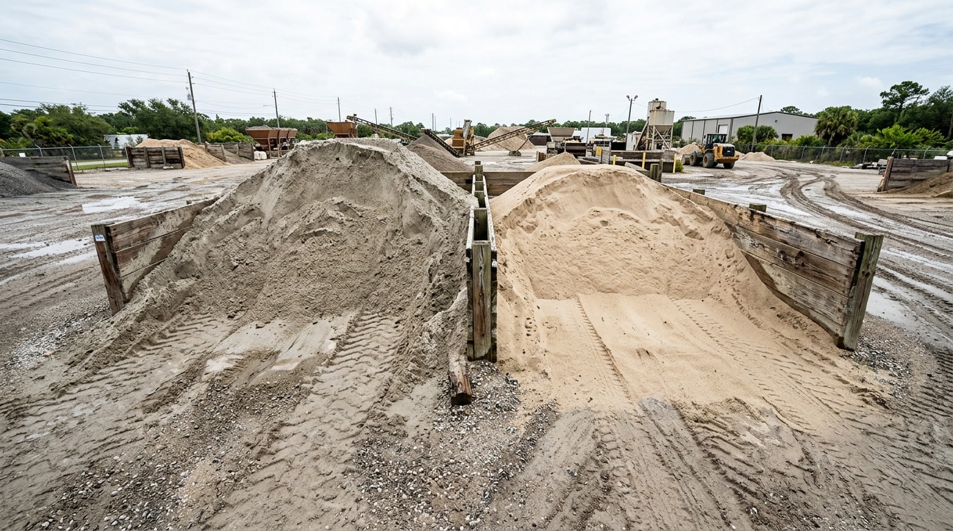 Concrete sand and masonry sand stockpiles side by side in a supply yard