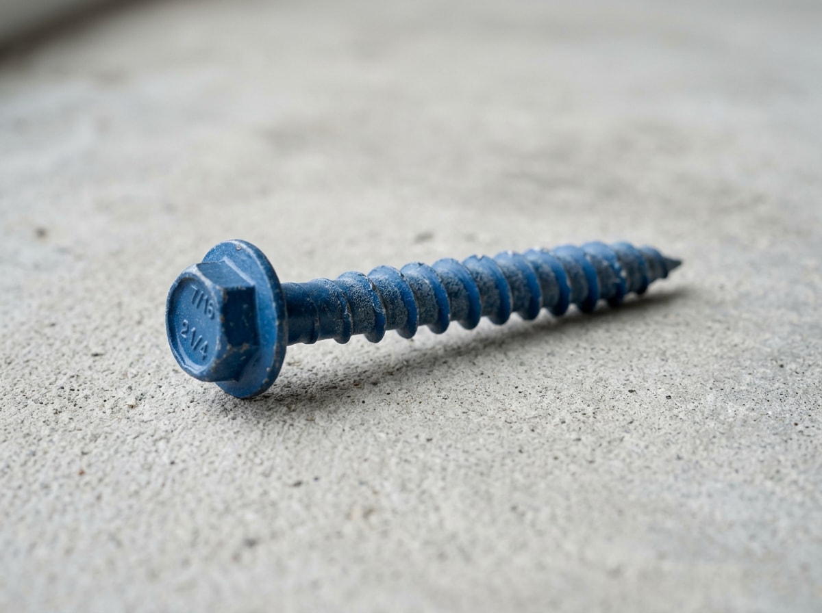 Close-up of a hi-lo thread concrete screw showing the hex head, hardened body and alternating high and low threads