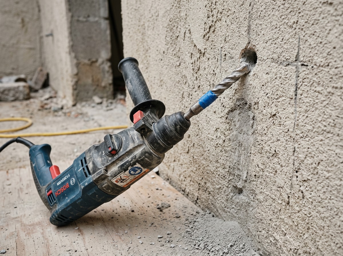 Carbide masonry bit with a depth mark drilling a pilot hole in a stucco-coated concrete block wall