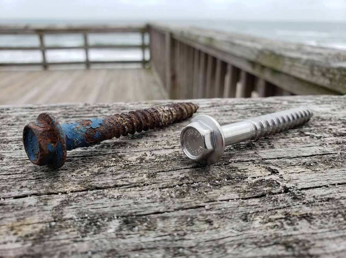 Corroded coated carbon steel masonry screw beside an intact 316 stainless concrete screw after coastal salt exposure