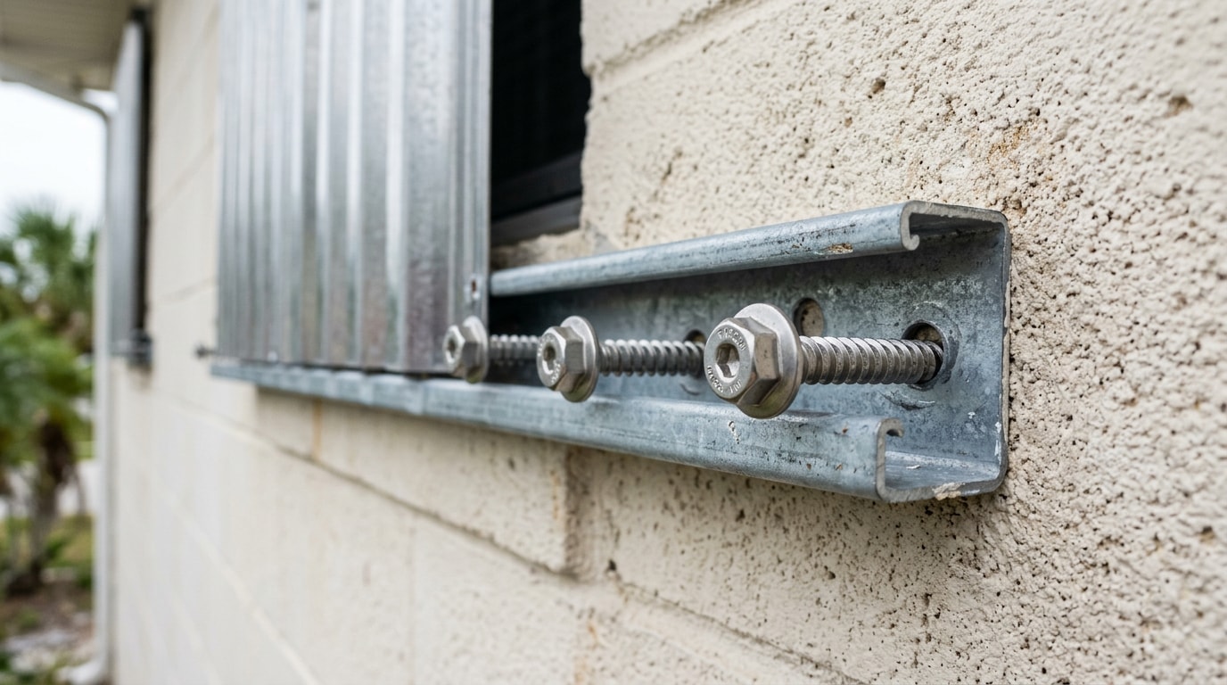 Stainless hex-head masonry screws securing shutter track to a stucco block wall in Navarre, FL Stainless hex-head masonry screws securing shutter track to a stucco block wall in Navarre, FL