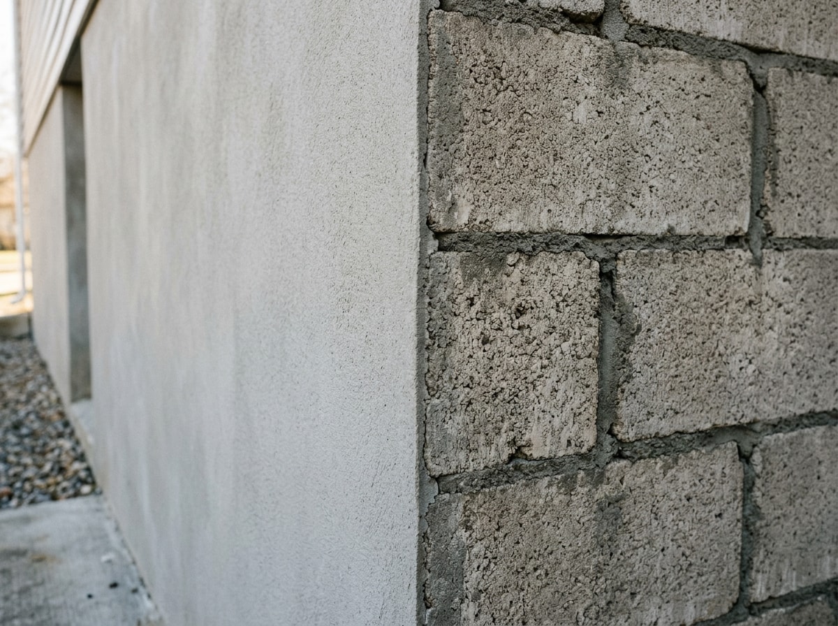 Smooth gray parged concrete block stem wall next to a section of bare CMU block