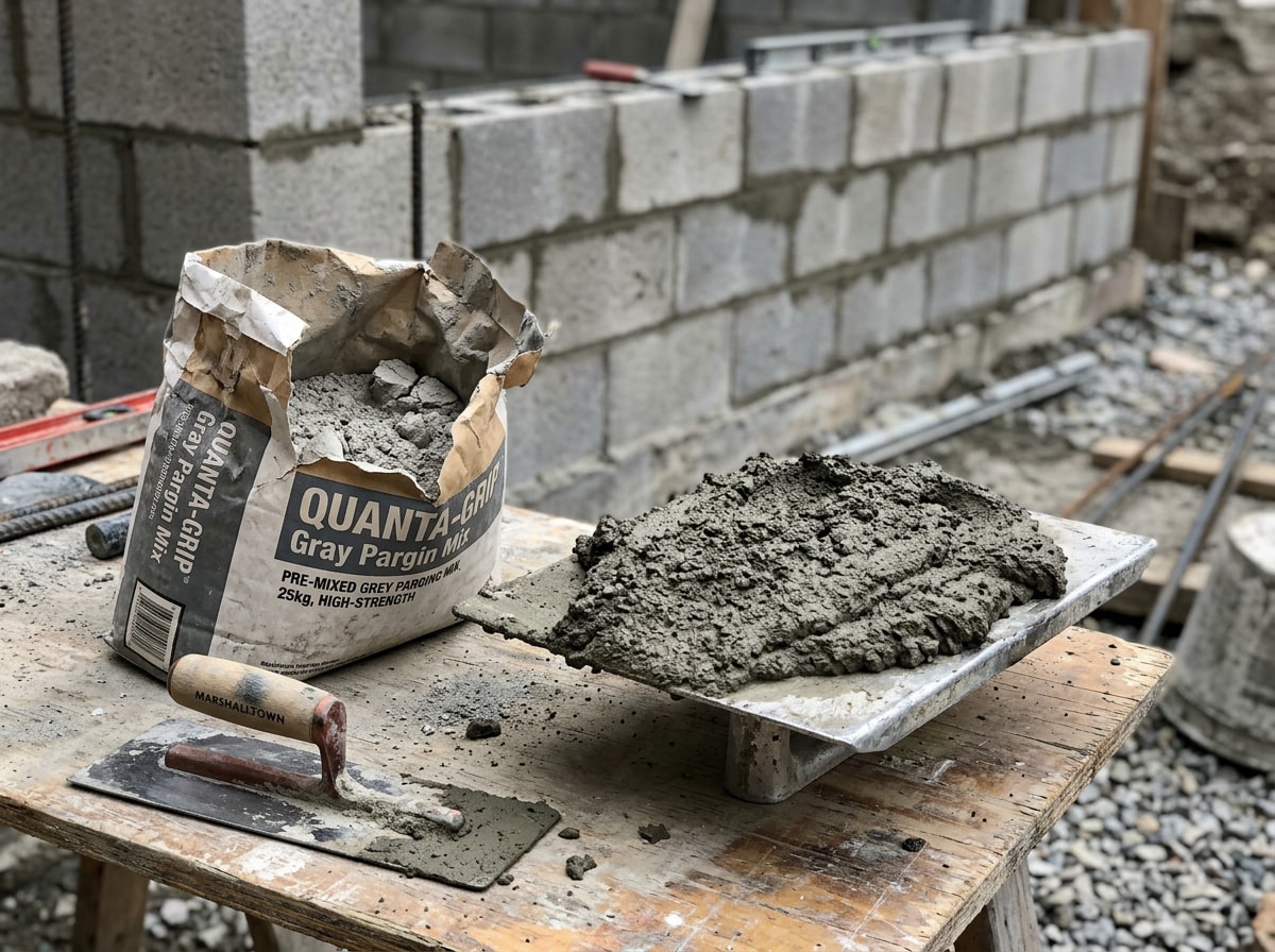 Bag of parging mix beside freshly mixed cement mortar on a mason's hawk with a finishing trowel