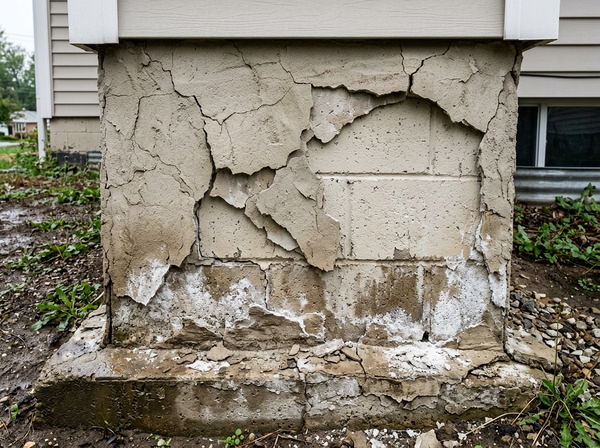 Cracked parge coat peeling away in sheets from a concrete block foundation wall