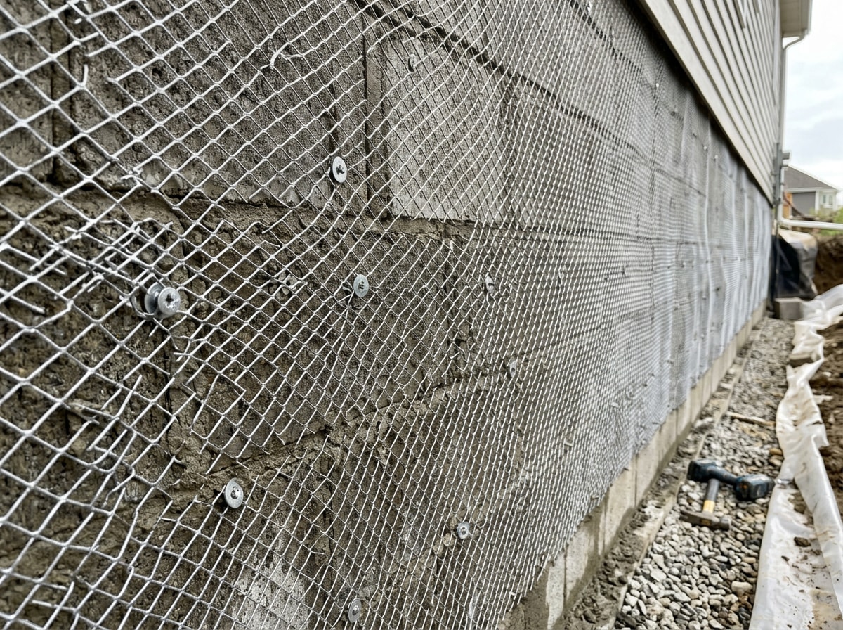 Diamond mesh lath fastened to a prepared concrete block wall ready for parging