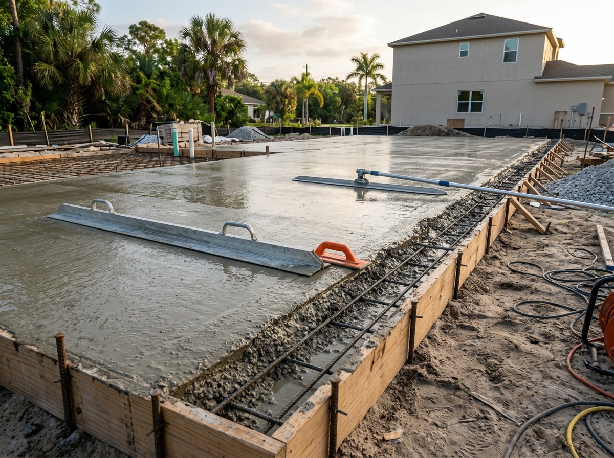 Reinforced structural concrete slab being screeded and finished at a Milton FL job site