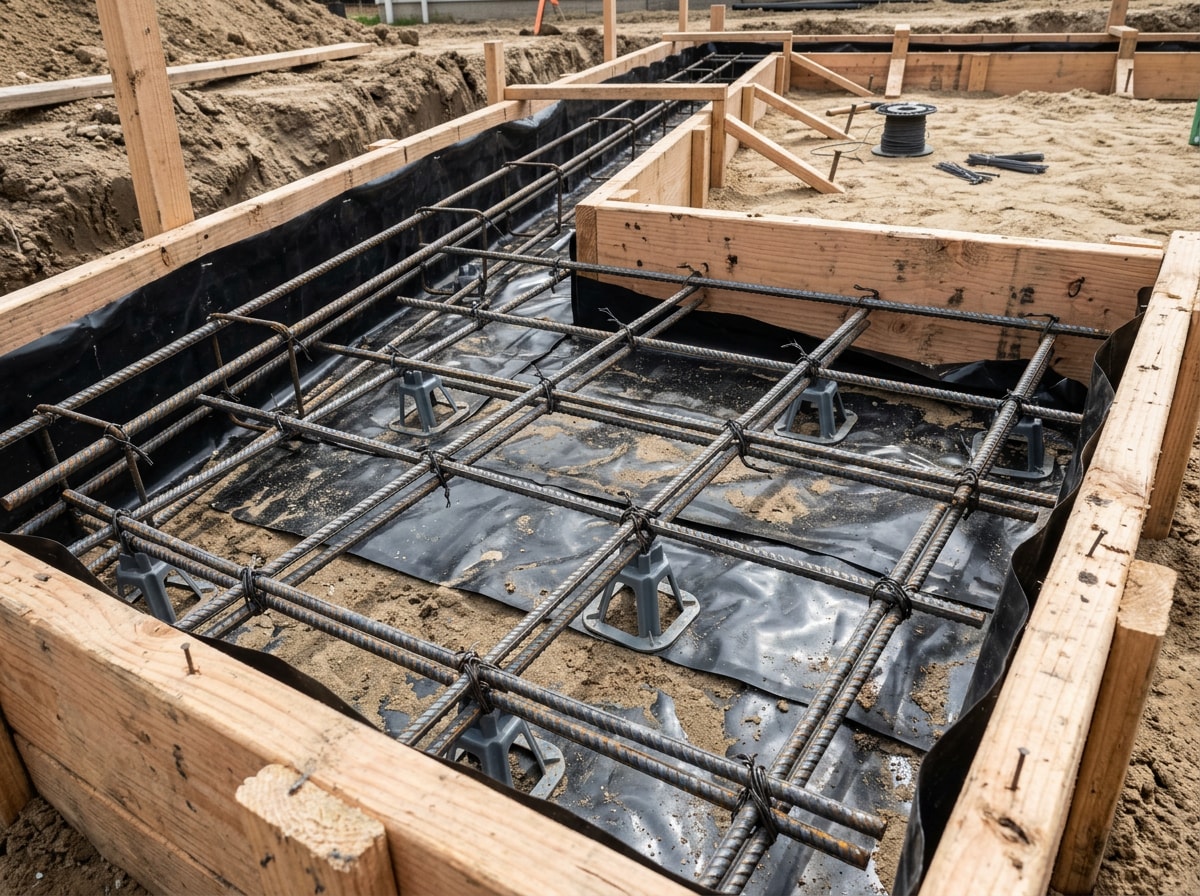 Rebar grid and vapor barrier set inside slab forms before a structural pour