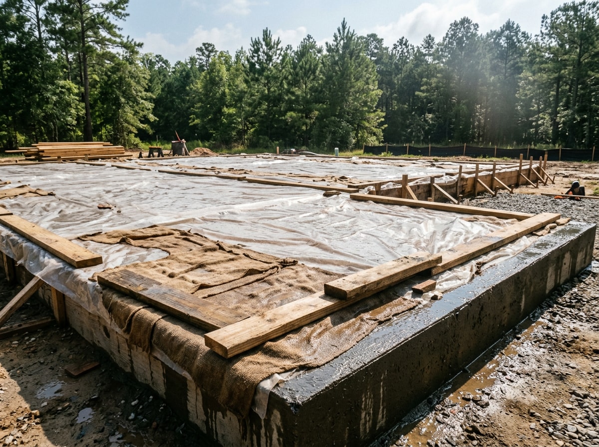 Fresh concrete slab under wet curing covers in hot Gulf Coast weather