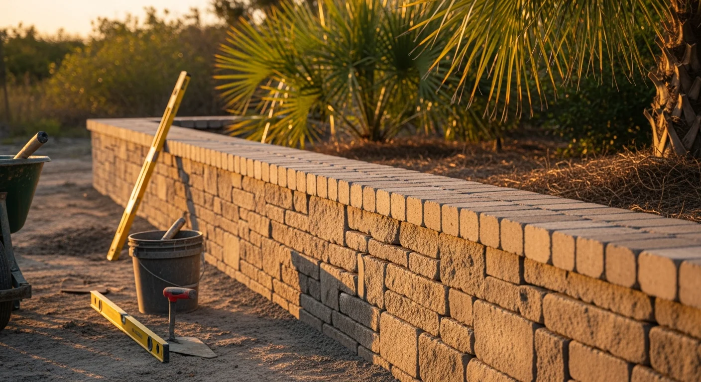 Custom brick and block masonry retaining wall in Gulf Breeze
