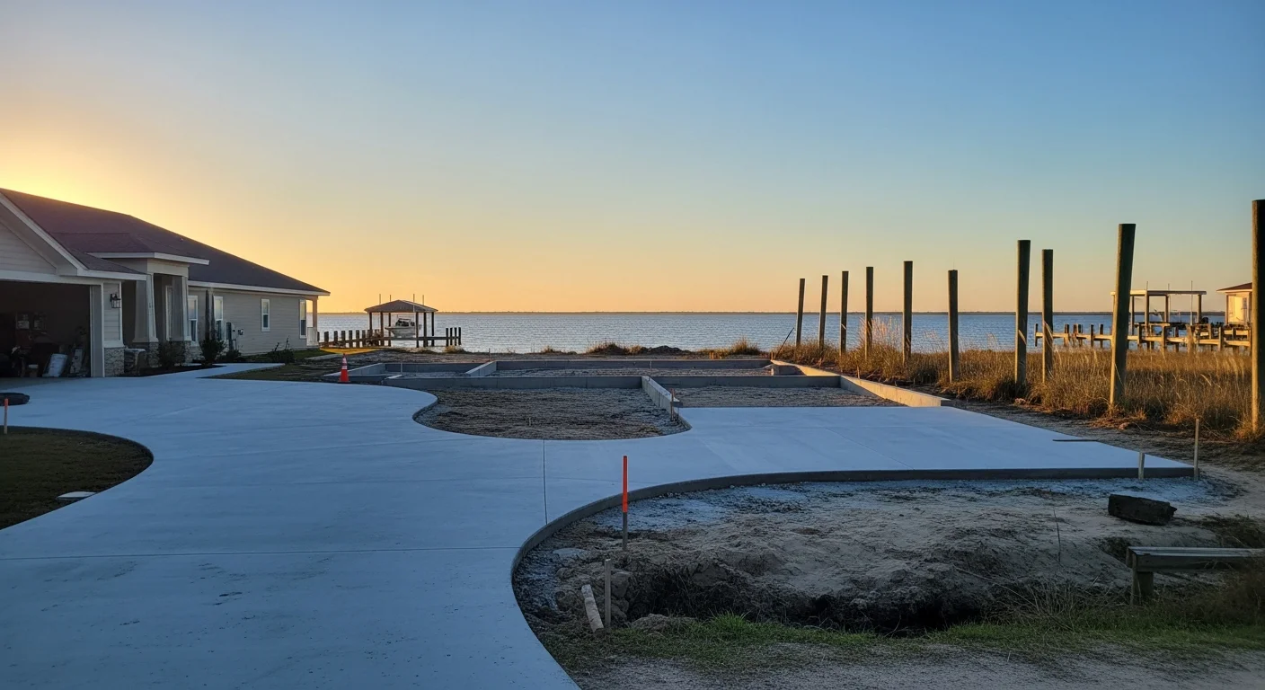 Waterfront Gulf Breeze home with coastal landscaping and clear sky over the sound.