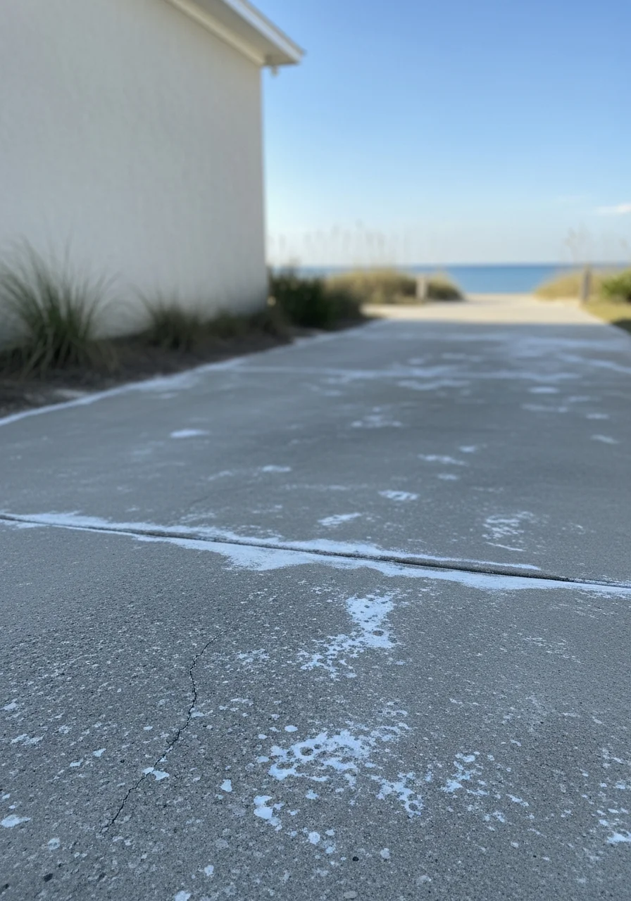 Beachfront property exterior showing salt-resistant finishes and coastal maintenance features.