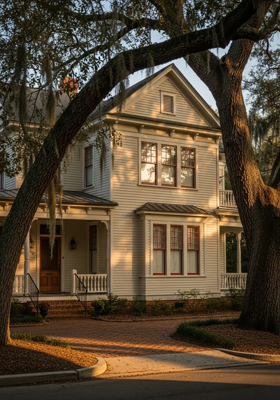 Detail of Pensacola home exterior showing period architectural features and maintained landscaping.