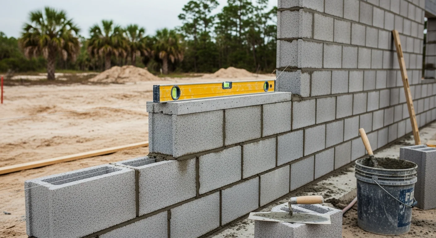 A finished concrete block wall on a residential property in Gulf Breeze, FL, with clean mortar joints and a level course line. The wall borders a home's backyard in a coastal Florida setting with green landscaping visible along the base.