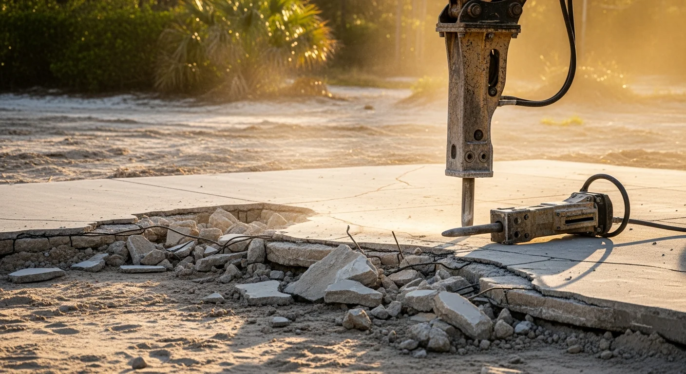A concrete slab being broken apart and removed from a residential property in Gulf Breeze, FL, with debris staged for hauling and sandy soil visible beneath the demolished section.