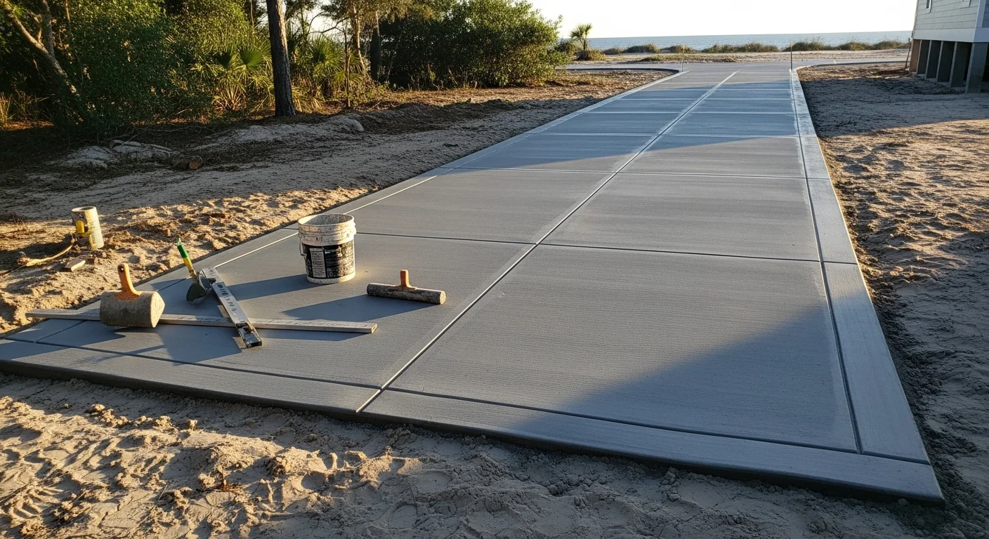 A freshly poured concrete driveway in front of a single-family home in Gulf Breeze, FL, with a smooth brushed finish and clean expansion joints. The driveway leads to an attached garage on a residential lot typical of the Gulf Breeze peninsula.