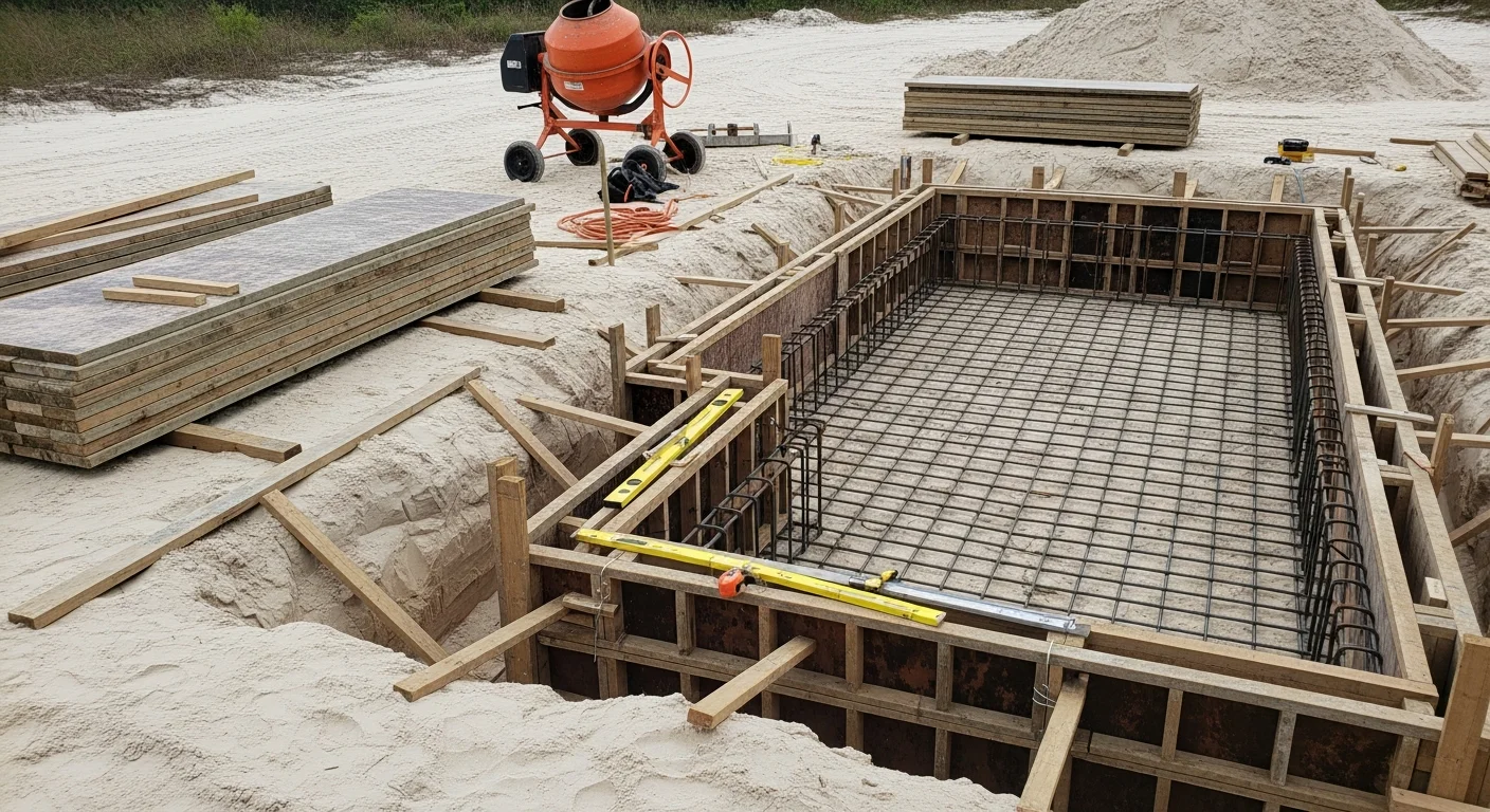 Freshly poured concrete foundation footers with steel rebar reinforcement visible at a residential construction site in Gulf Breeze, Florida. The formed concrete perimeter sits on excavated sandy coastal soil, ready for inspection before the next structural phase.